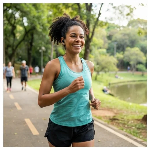 A woman using wireless earbuds while running, part of a listing set