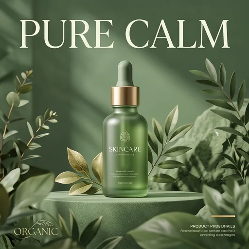 Product poster for a green glass skincare bottle in matching brand colours