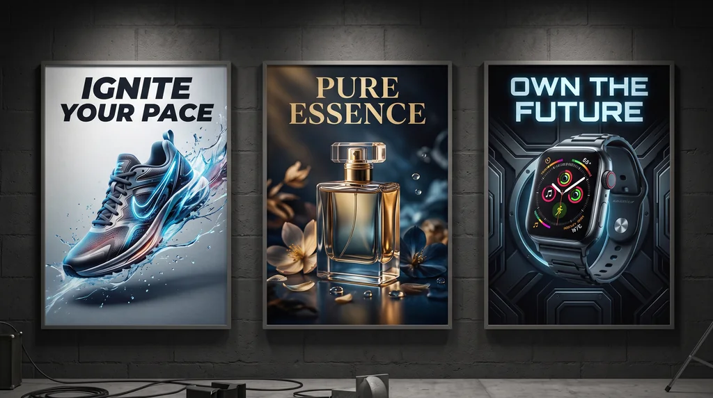 AI product posters for a sneaker, a perfume and a smartwatch