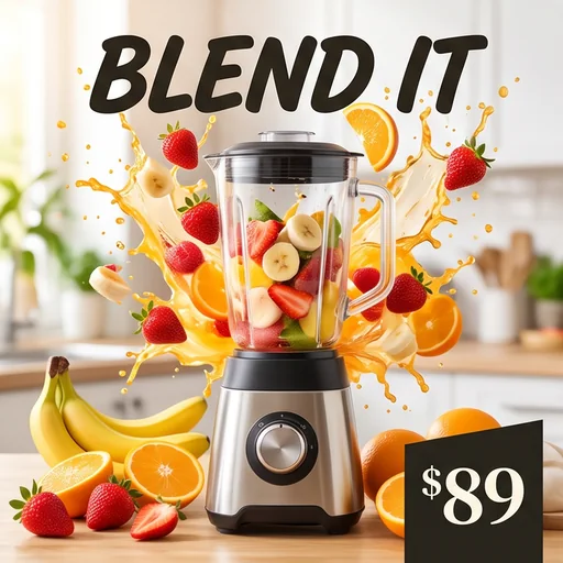 Product poster for a blender with a headline, benefit and price