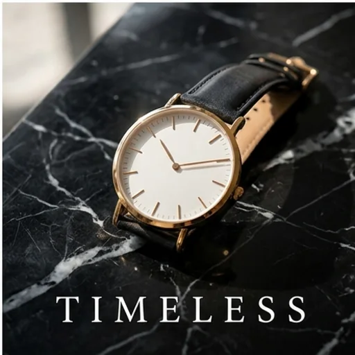 Luxury product poster of a watch on black marble with gold light