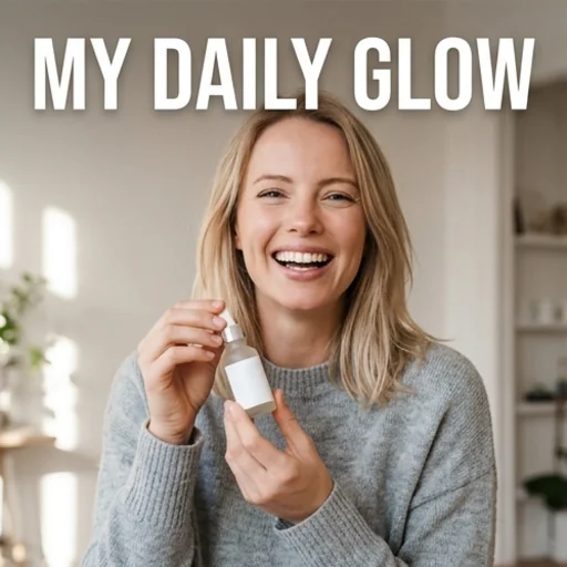 Static ad with a smiling woman holding a skincare bottle and a short headline