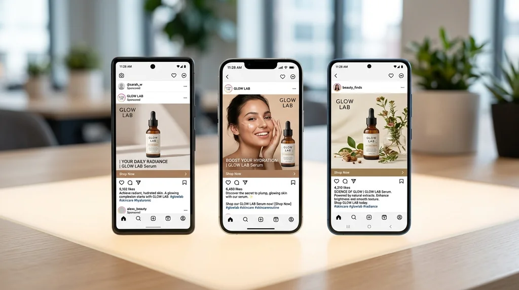 Three phones showing AI static ads for a skincare serum in a social feed