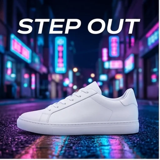 Static ad of a white sneaker on a neon city street at night, headline Step Out
