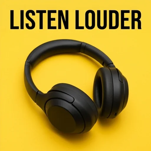 Static ad for black headphones on a yellow background, headline Listen Louder