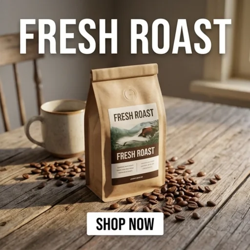 Static ad for a bag of coffee beans on a rustic table with a Shop now button