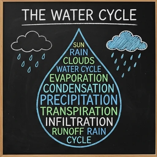 A classroom word cloud about the water cycle