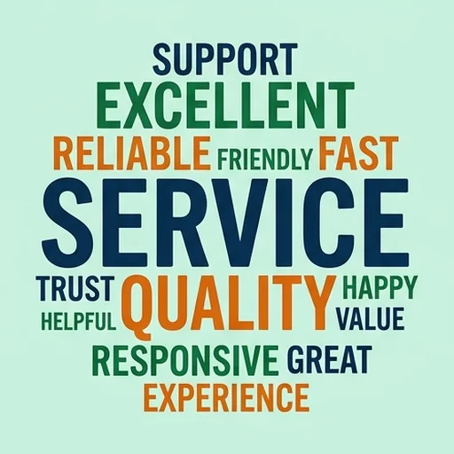 A customer feedback word cloud with service and quality largest