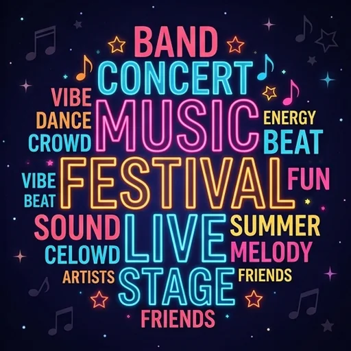 A colourful word cloud summarising a music festival