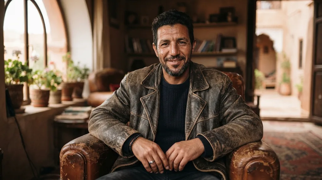 A man in a brown leather jacket in warm window light, with fine skin and fabric detail
