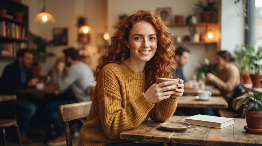 A woman with curly red hair sitting in a café, made from a close-up portrait of her