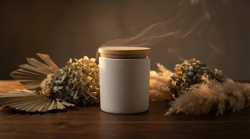 A ceramic candle jar styled as a premium poster with dried flowers and warm light