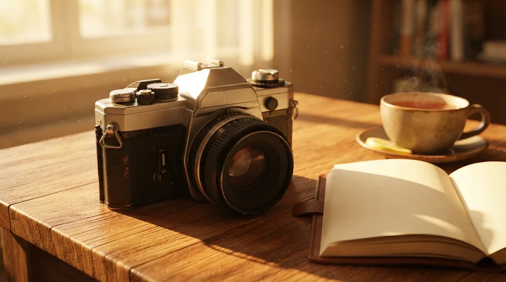A vintage film camera on a sunlit wooden desk, made from a photo of the same camera on snow
