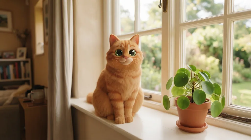 A ginger cat on a windowsill turned into a 3D cartoon character