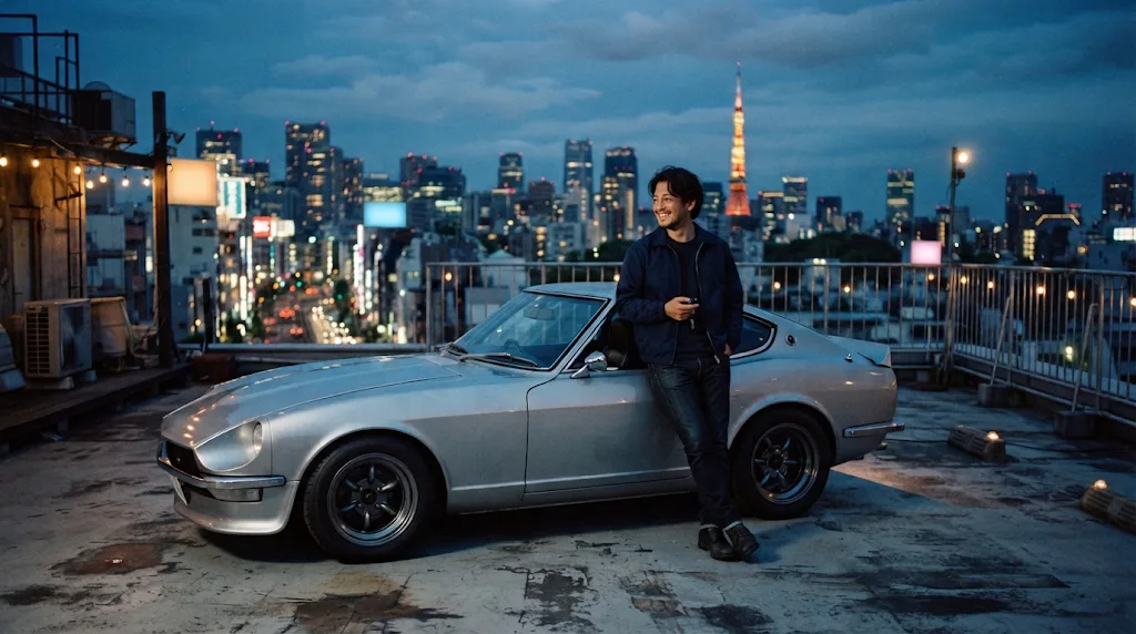 A man in a racing jacket beside a vintage sports car on a city rooftop at dusk