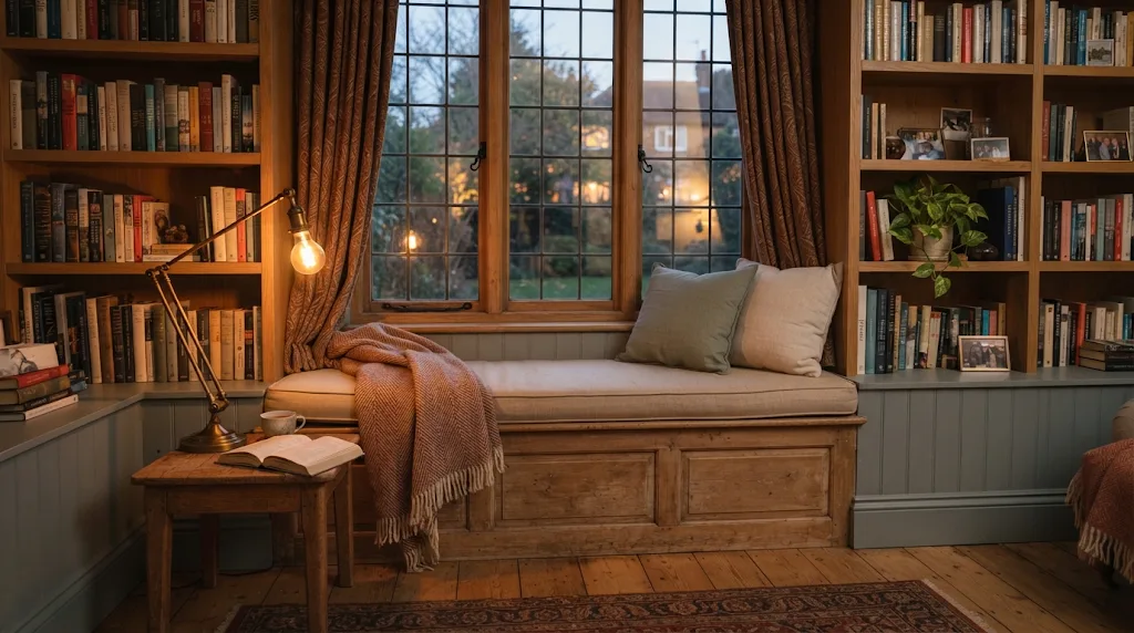 A cosy reading nook rendered from a pencil sketch