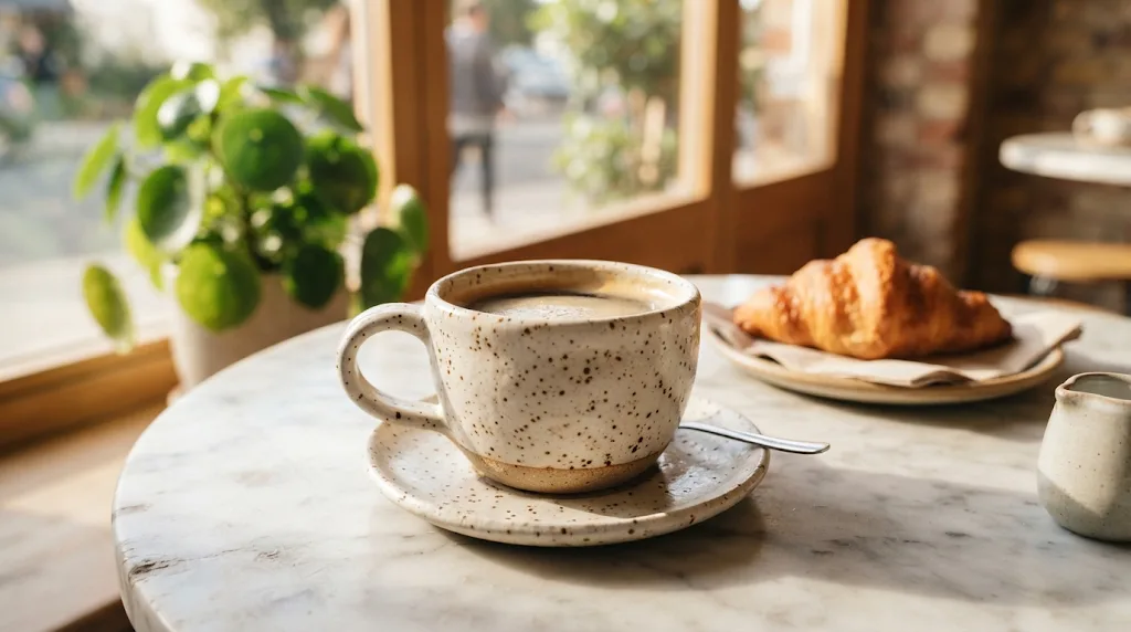 A ceramic coffee cup placed in a sunlit café scene