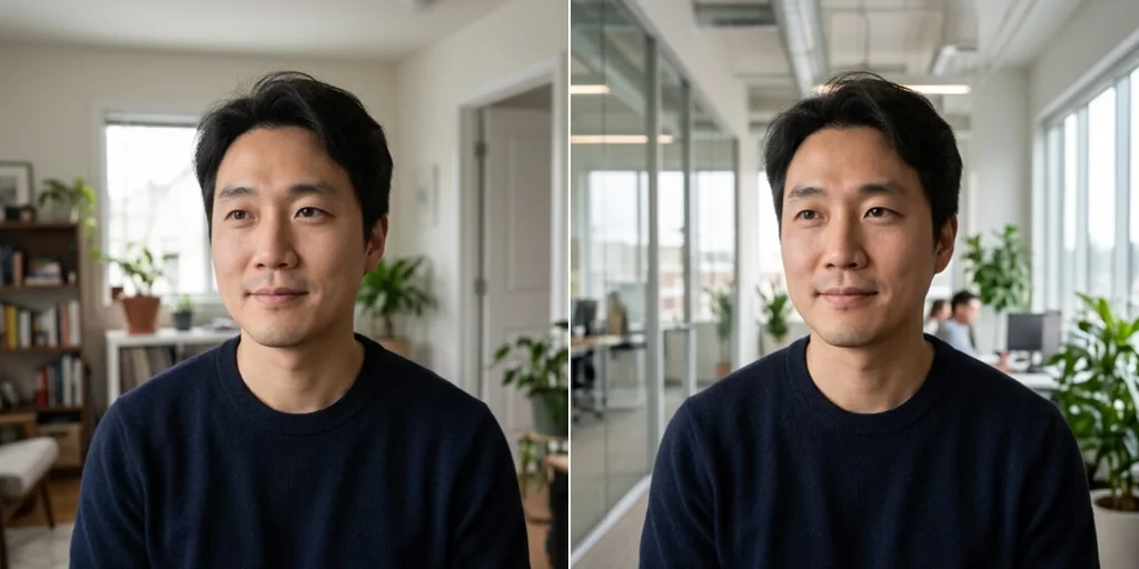 Before and after: a man at home and the same man in front of a modern office