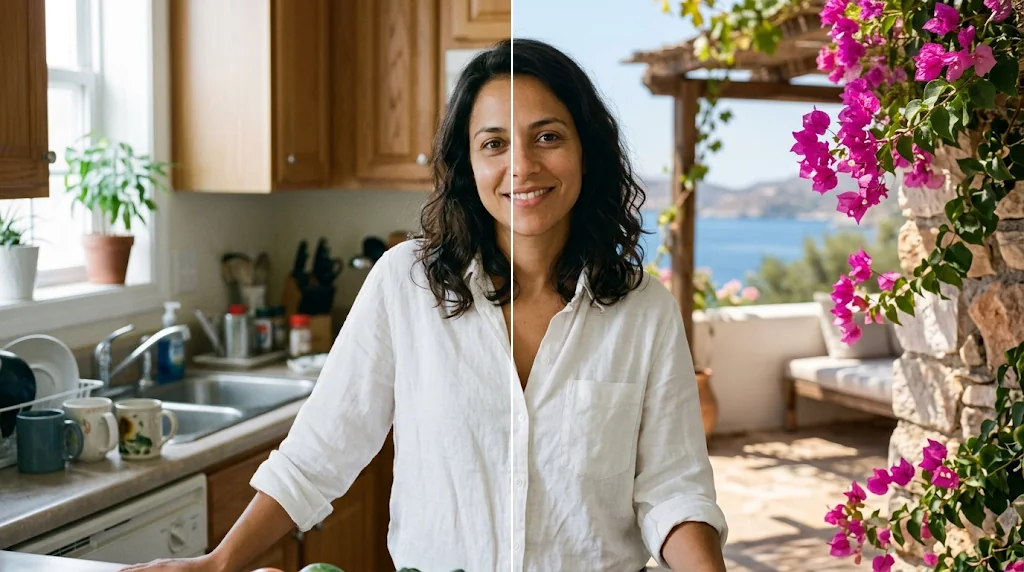 Before and after: a woman photographed in a kitchen and the same photo with a sunny Mediterranean terrace behind her