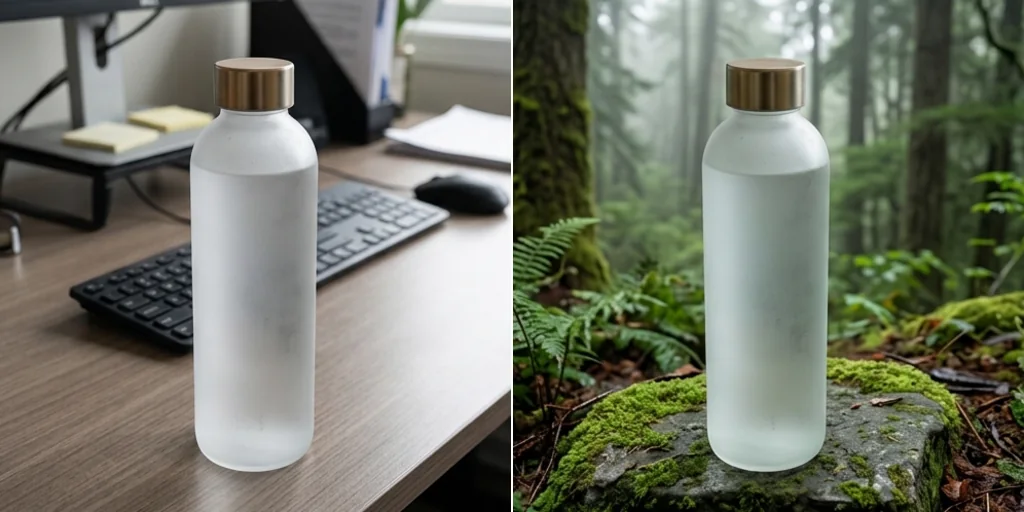 Before and after: a bottle on a desk and the same bottle on a mossy rock in a forest