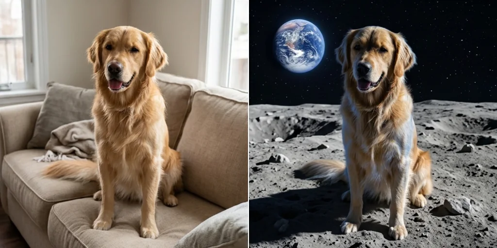 Before and after: a dog on a sofa and the same dog on the moon's surface