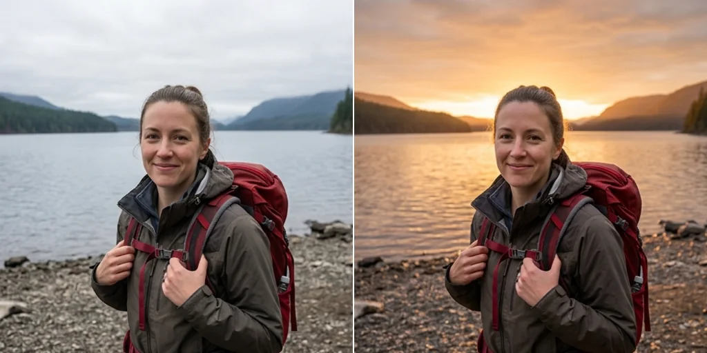 Before and after: a traveller under a grey sky and the same photo at golden hour