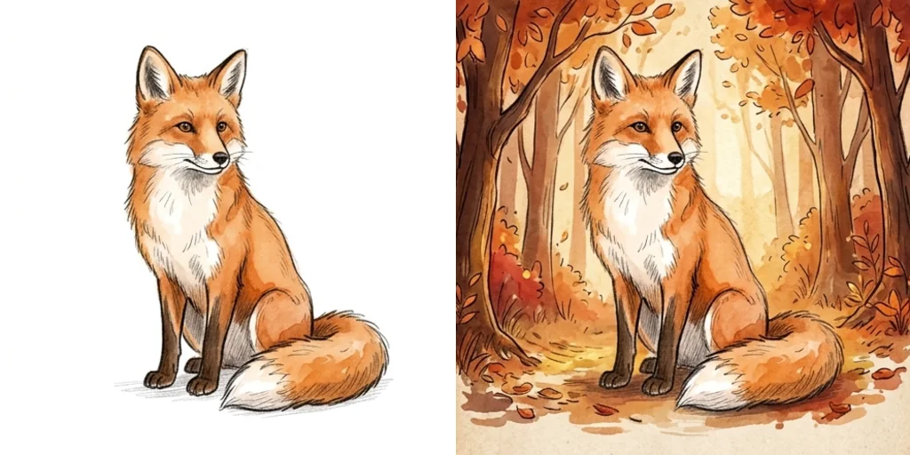 Before and after: a drawn fox on white and the same fox in a glowing autumn forest