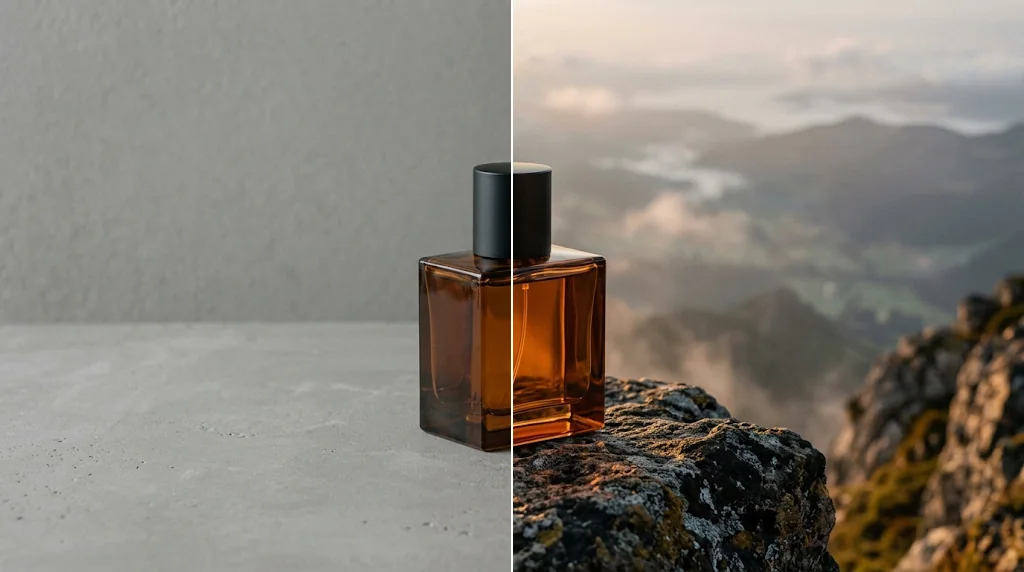 Before and after: a perfume bottle on a plain table and the same bottle on a misty mountain rock at sunrise