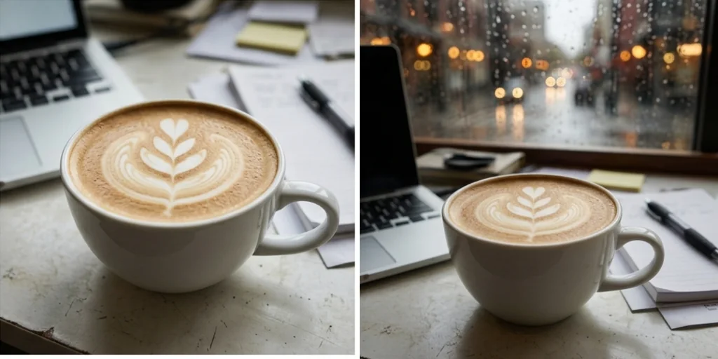 Before and after: a coffee cup on a desk and the same cup in a cosy cafe window
