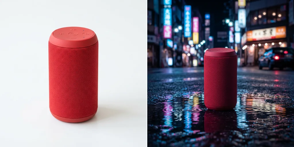 Before and after: a red speaker on white and the same speaker on a neon-lit street