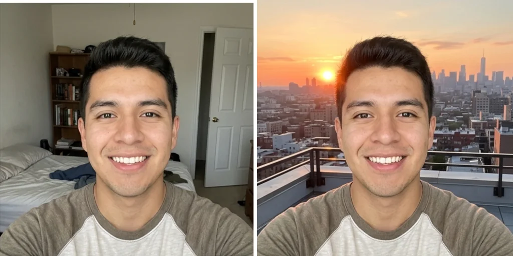 Before and after: a selfie at home and the same selfie in front of a sunset city skyline