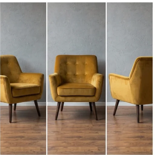 The same armchair shown at three rotation angles