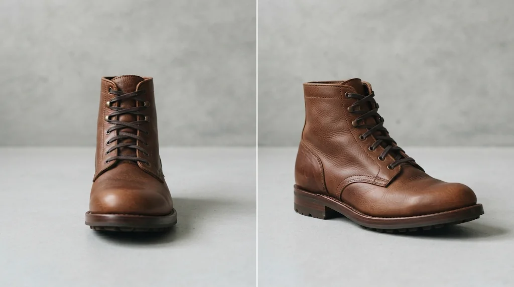 Before and after: a front view of a brown leather boot and the same boot seen from a three-quarter angle