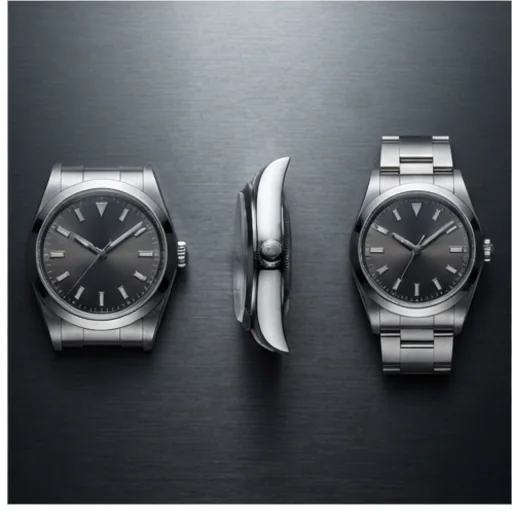 A watch shown from the front, side and top from one photo