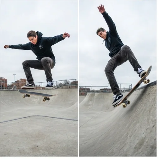 Before and after: an eye-level photo of a skater and a dramatic low-angle version