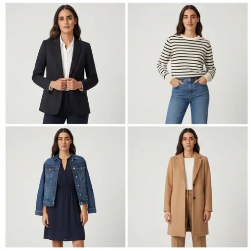 A model photo restyled in four outfits