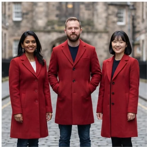 The same red coat shown on three different people