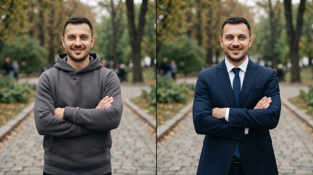 Before and after: a man in a grey hoodie and the same man in a navy suit