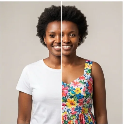 Before and after: a woman in a plain T-shirt and in a floral dress