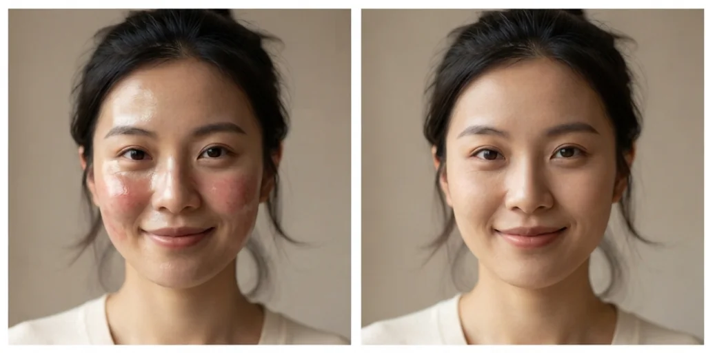 Before and after: a close-up with shine and redness and the same face balanced