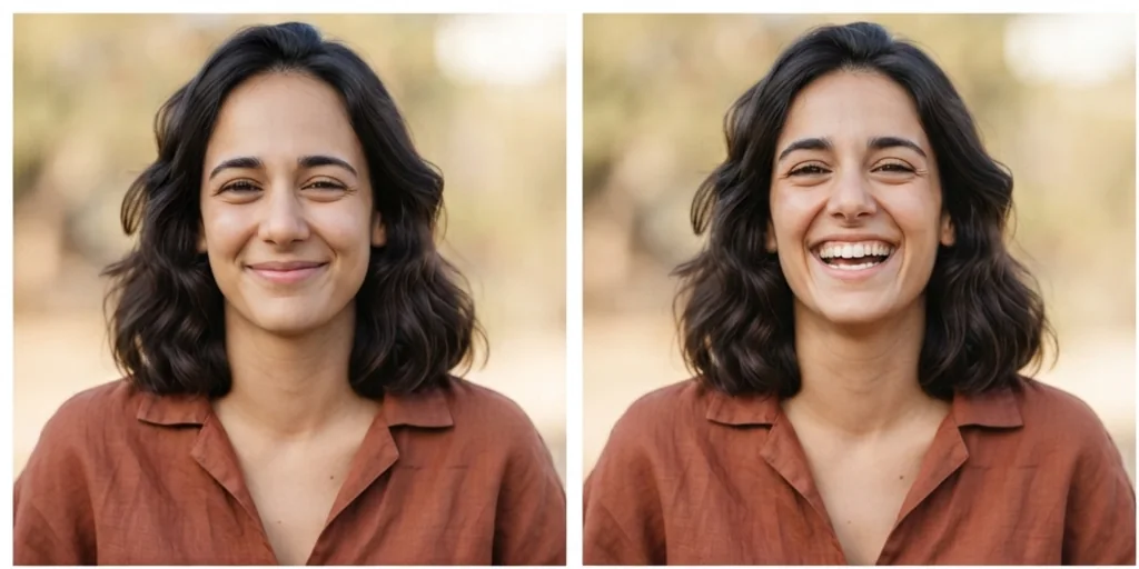 Before and after: a portrait with a closed-mouth smile changed to a natural open smile