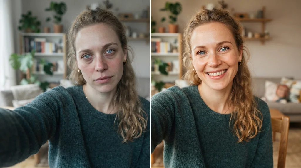 Before and after: a tired-looking selfie and the same selfie naturally retouched with brighter eyes