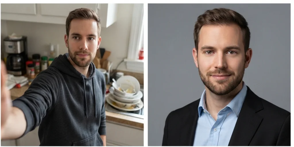 Before and after: a casual phone selfie and the same selfie as a clean headshot