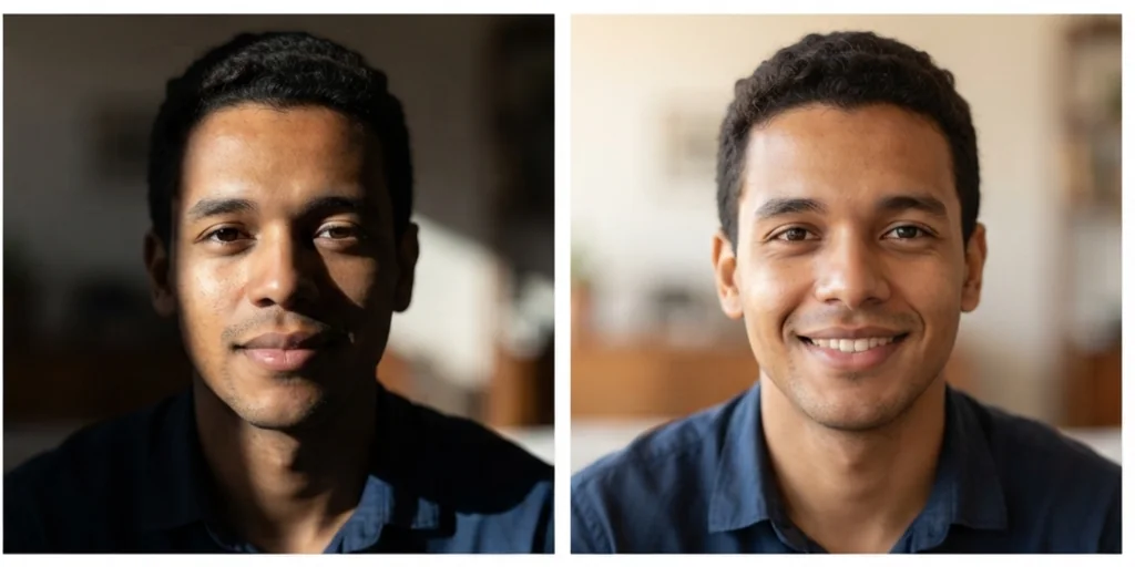 Before and after: a portrait with uneven light and the same portrait gently retouched