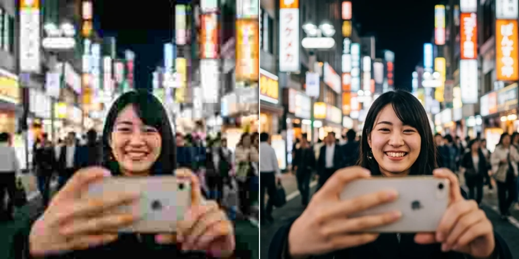 Before and after: a noisy, compressed selfie and the same face cleaned up