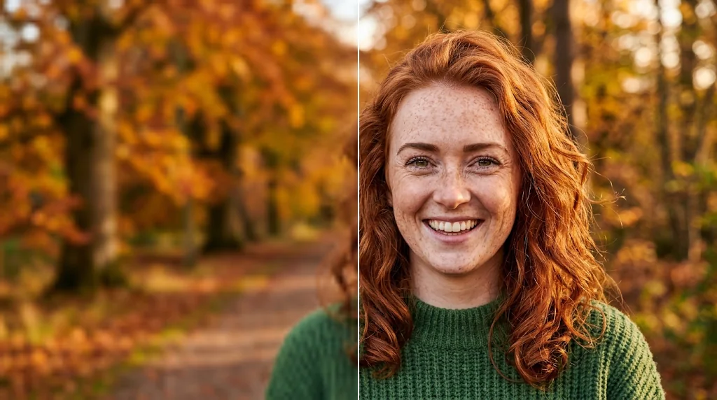 Before and after: a soft, low-resolution portrait of a smiling woman and the same face enhanced