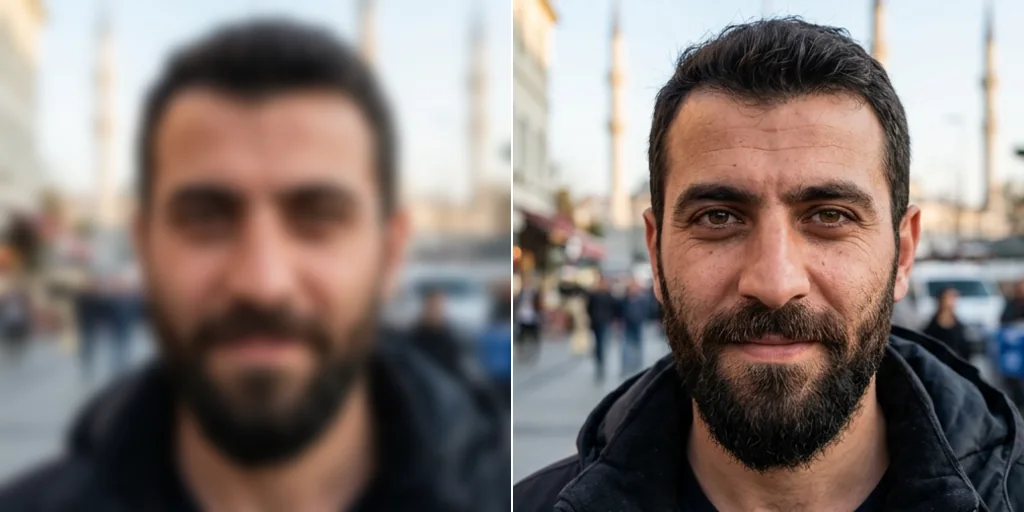 Before and after: a blurry close-up of a man with a beard and the same face sharpened