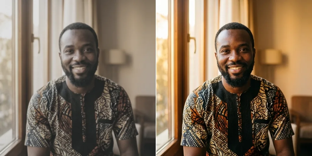 Before and after: a dull portrait in poor light and the same portrait with natural skin tone