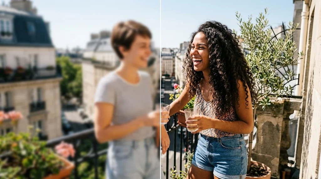 Before and after: a blurry photo of two friends laughing on a city balcony and the same photo with sharp, natural faces