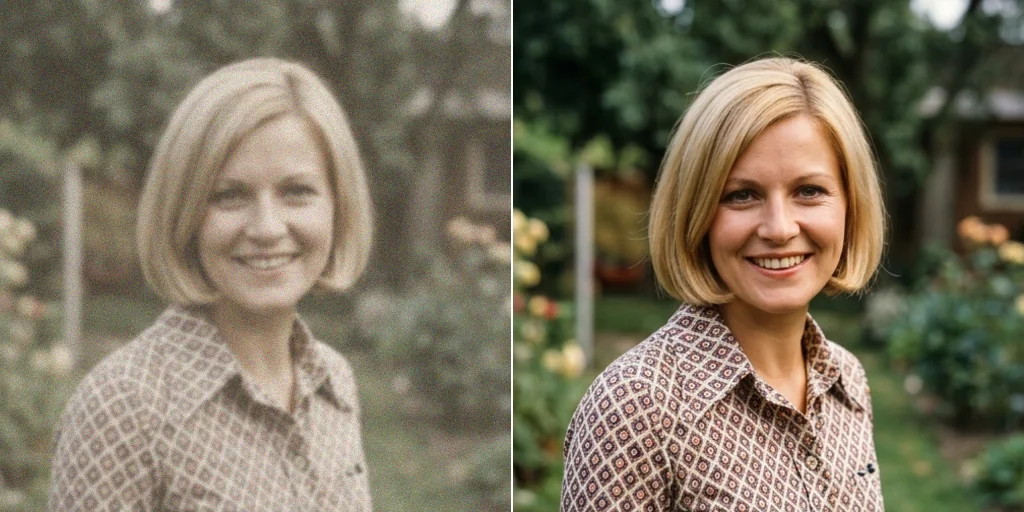 Before and after: a faded vintage portrait of a woman and the same face restored
